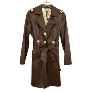 Cache VTG Satin Brown Belted Trench Coat Jacket Gold Hardware Sz M